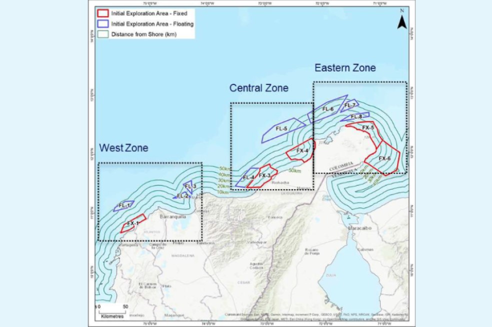 Mapa del Ministerio de Minas que muestra los proyectos eólicos off-shore que se planea desarrollar en La Guajira.