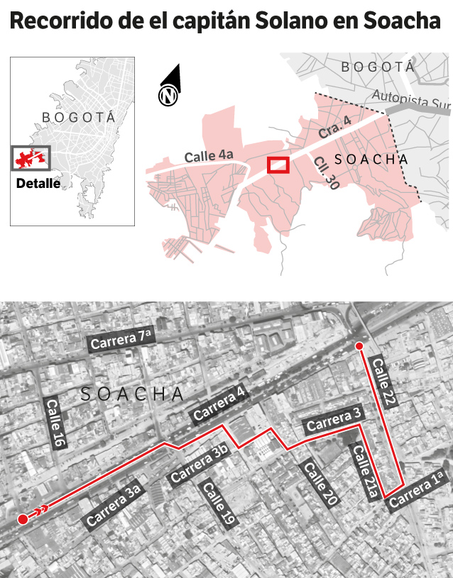 Este es el recorrido que habría hecho el capitán Jesús Alberto Solano mientras huía de un grupo de personas que lo perseguían.