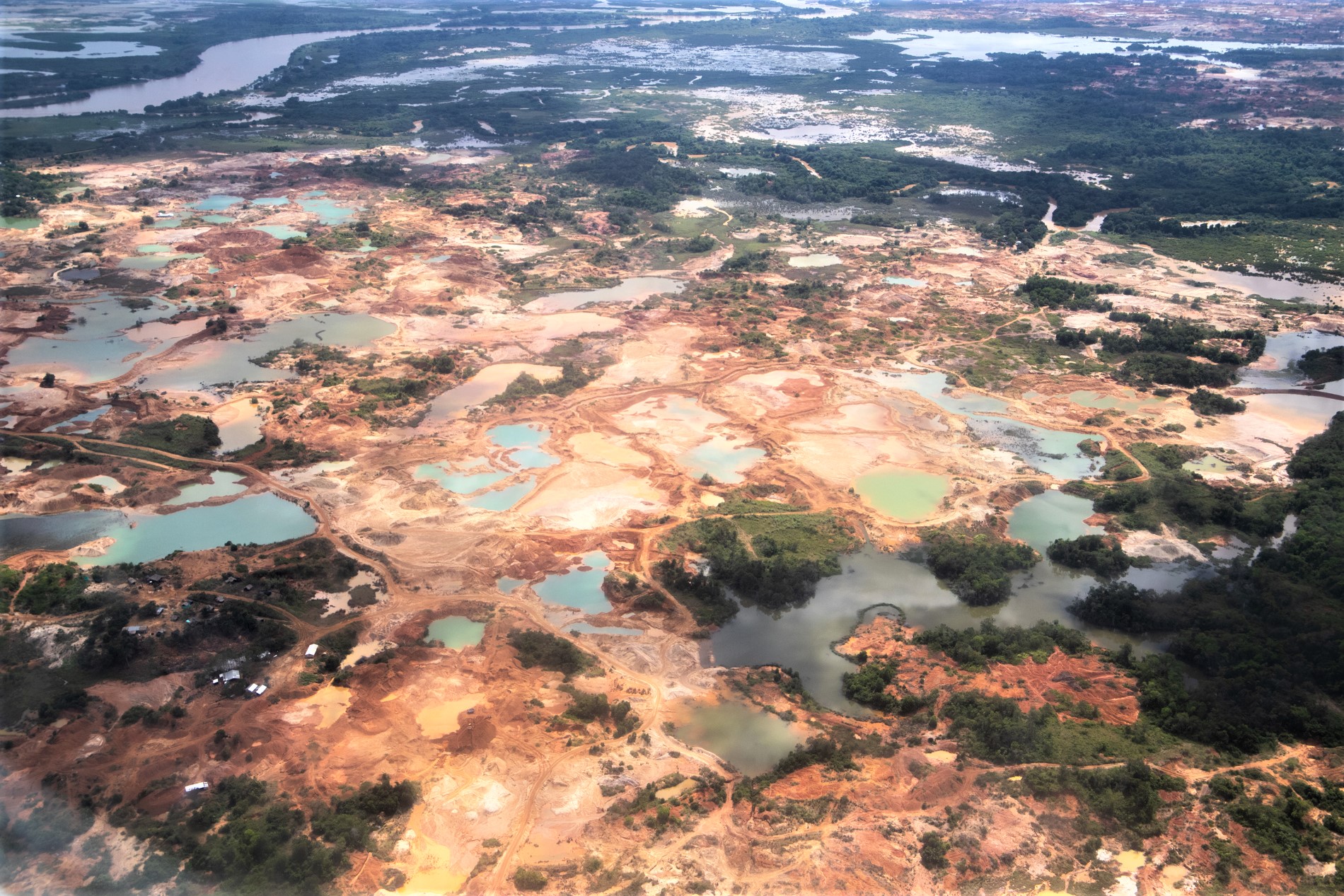 El contraste entre las zonas de minería ilegal y las zonas de flora natural.