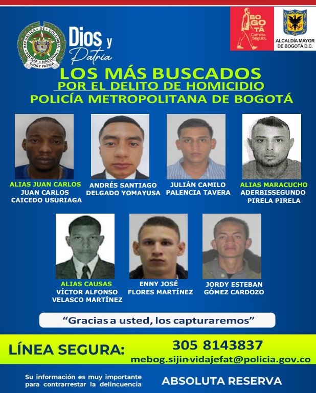 Cartel de los más buscados por homicidio en Bogotá.
