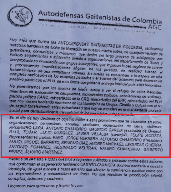 Amenaza de las Agc en las que declaran "objetivo militar" a varios líderes de Montes de María, entre ellos Andrés Narváez y Gilberto Pérez.