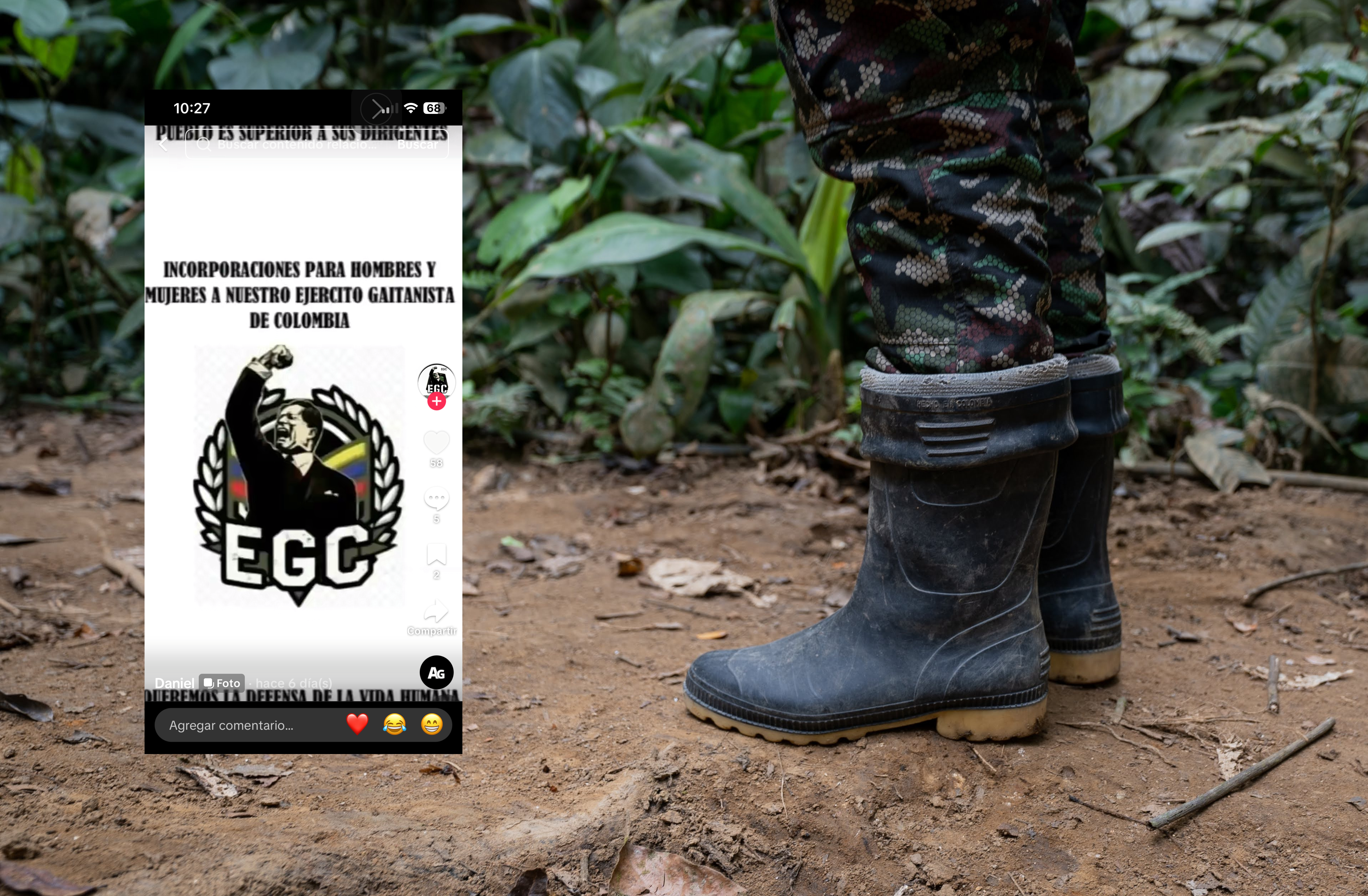 Un mensaje tomado de una red social donde el Ejército Gaitanista de Colombia o Clan del Golfo hace un llamado a que jóvenes ingresen a sus filas.