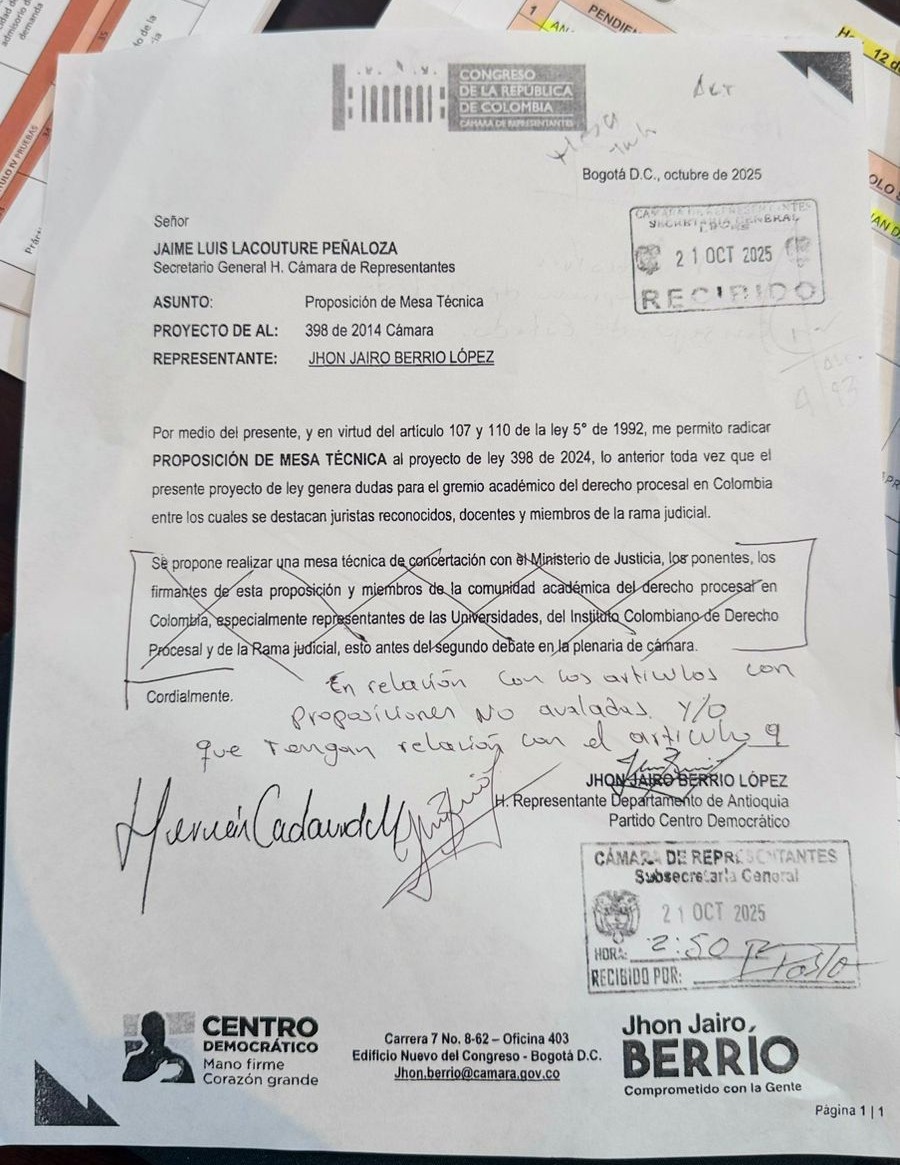 Parte de la proposición que dio pie al entre la bancada oficialista y la de oposición para avanzar en la discusión de la Jurisdicción Agraria.