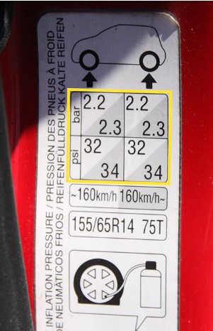 Sticker que indica la presión de los neumáticos del carro