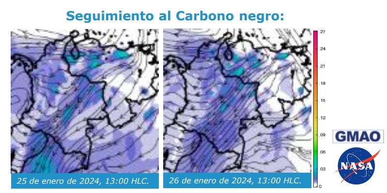 Pronóstico de Carbono negro – Profundidad óptica del aerosol, proporcionado por Global Modeling and Assimilation Office - GMAO de la NASA.  /Ideam