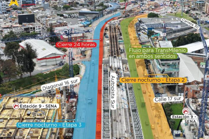 Anuncian cierres y cambios en la Autopista Sur por obras del Metro de Bogotá