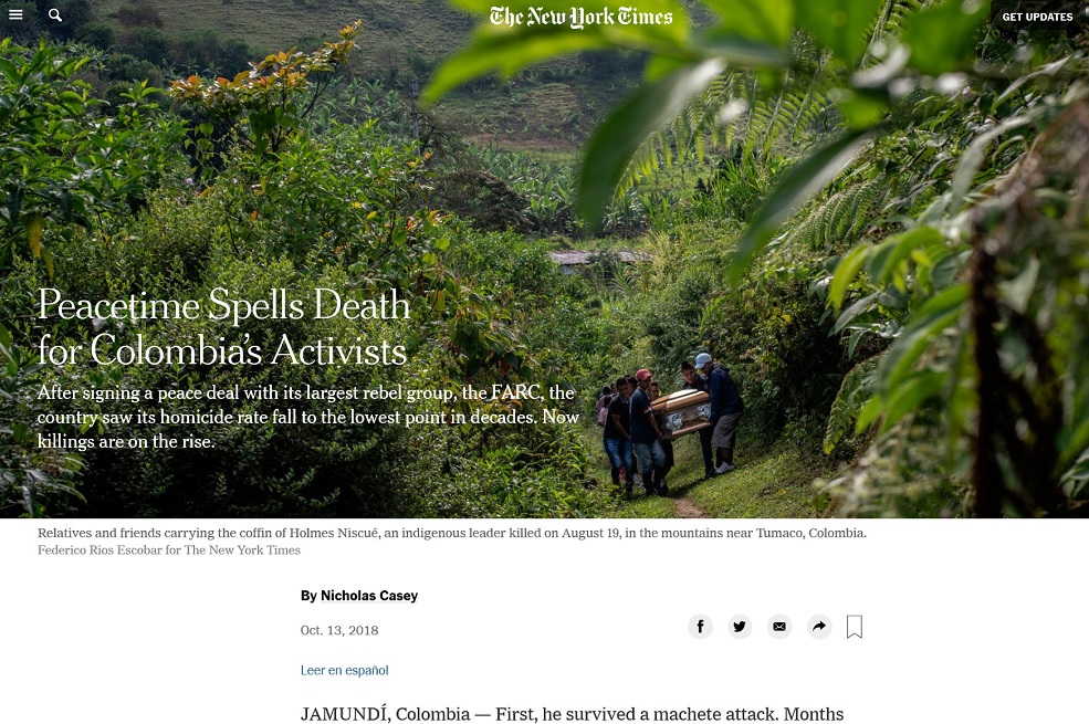 Reportaje del New York Times sobre el asesinato de líderes sociales en Colombia. / Pantallazo de la página del New York Times