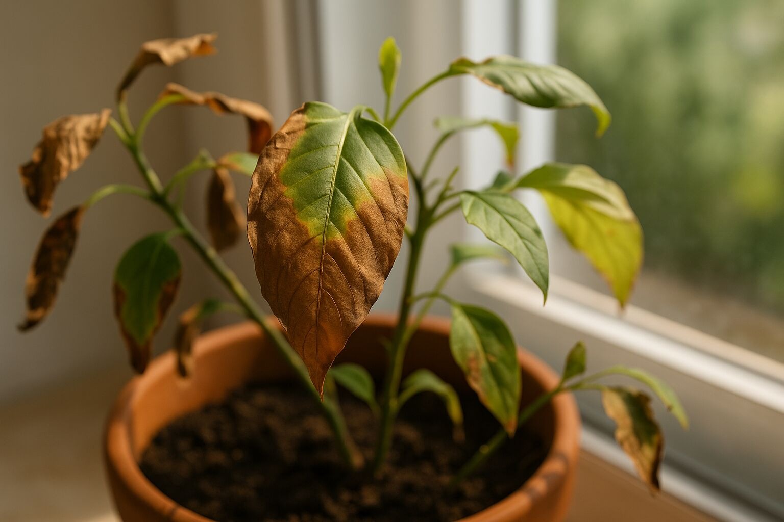 Otro problema común cuando se observan puntos negros o manchas cafés en las hojas son las quemaduras de sol, que ocurren cuando plantas —especialmente las de semisombra— se exponen de forma brusca o prolongada a la luz intensa, al calor excesivo o a ambientes secos. Esto puede provocar puntas chamuscadas, hojas dañadas y pérdida de vigor en el follaje. Para evitarlo, es clave adaptar la planta de manera progresiva al sol y ubicarla en luz filtrada; si ya presenta daños, conviene retirarla del sol directo, mantener buena humedad ambiental y evitar cambios bruscos que puedan agravar el estrés.