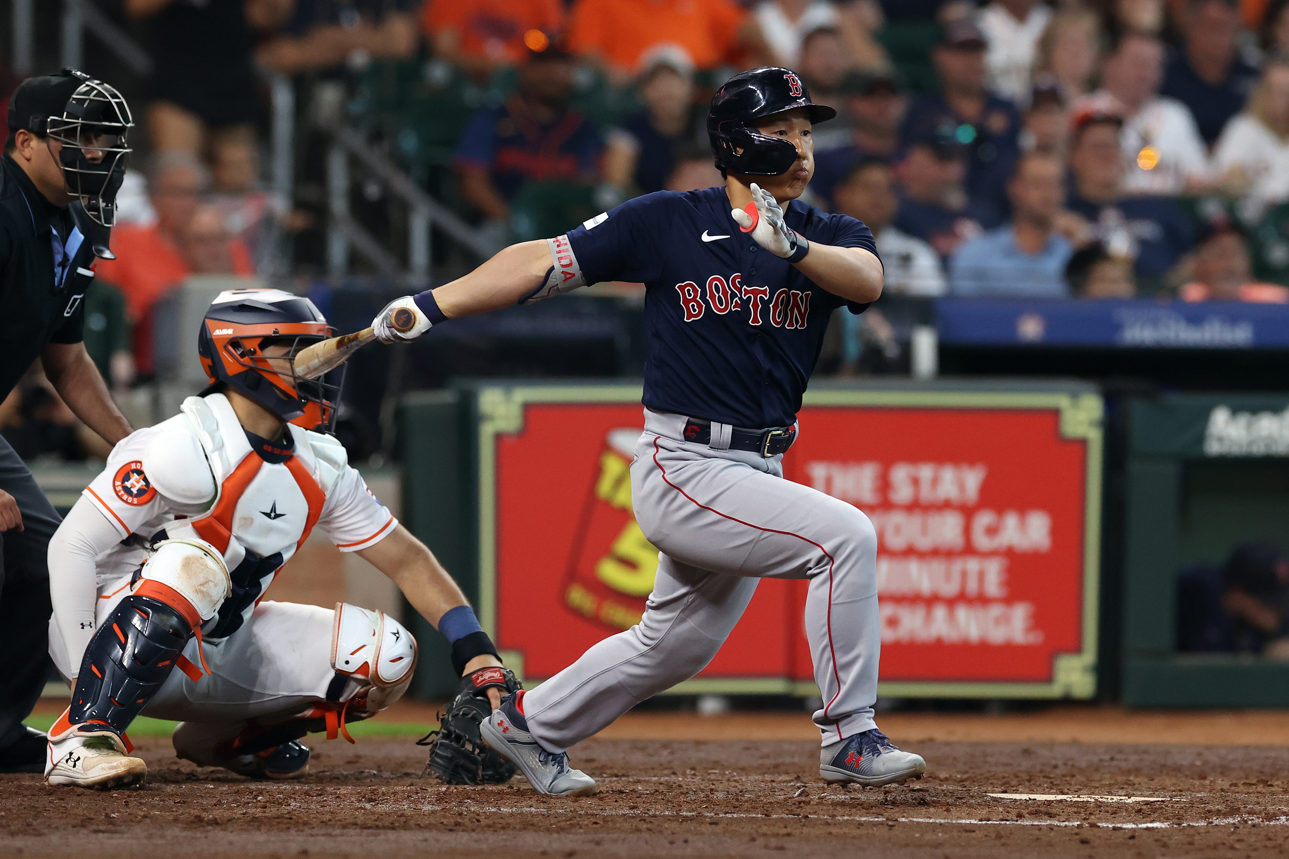 Houston (United States), 24/08/2023.- Boston Red Sox designated hitter Masataka Yoshida hits an RBI single off of Houston Astros relief pitcher Brandon Bielak during the third inning of the Major League Baseball (MLB)game at Minute Maid Park in Houston, Texas, USA, 24 August 2023. EFE/EPA/ADAM DAVIS