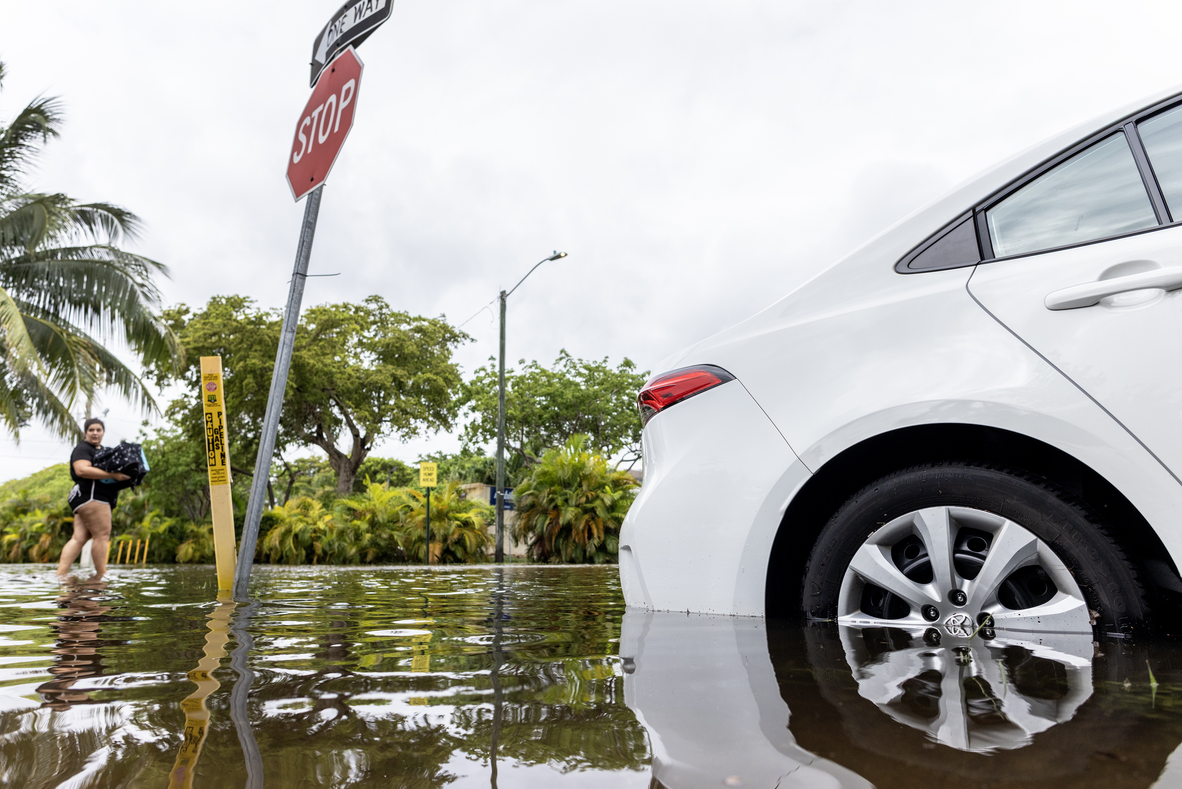 Hallandale Beach (United States), 13/06/2024.- A person walks through a flooded neighborhood in Hallandale Beach, Florida, USA, 13 June 2024. Heavy rains triggered a flash flood and the Broward and Miami-Dade counties saw record rainfall amounts in a matter of hours, ranging from 15 inches to 26 inches, the National Weather Service said. (Inundaciones) EFE/EPA/CRISTOBAL HERRERA-ULASHKEVICH