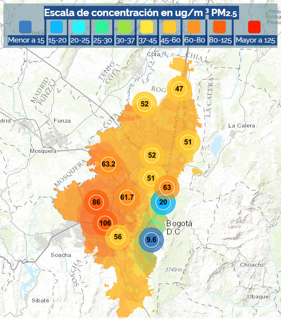 Así se ven los puntos de medición de material particulado 10 en Bogotá a corte de 9:00 a.m.