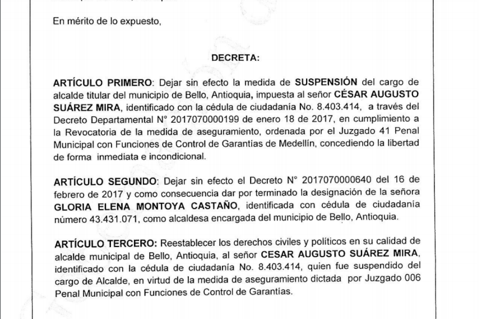 Fragmento del decreto expedido por la Gobernación de Antioquia.