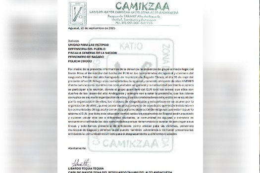 Comunicado oficial de líderes indígenas de Alto Andágueda.