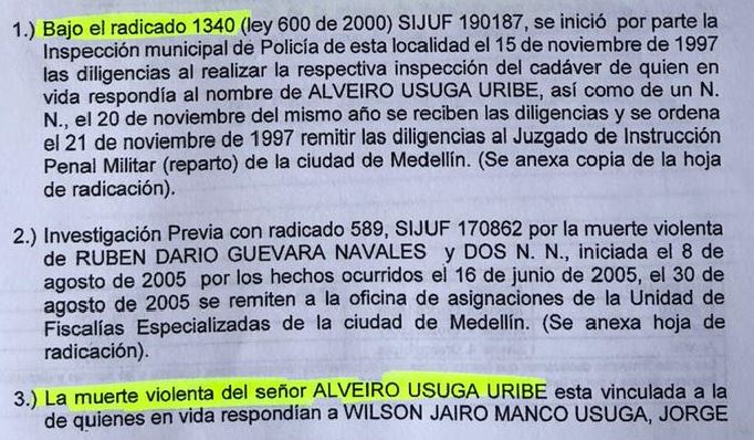 Oficio de la Fiscalía, con fecha del 26 de febrero del 2020, en respuesta a petición de la JEP sobre el caso de Albeiro Úsuga Uribe, en el que se confirma que el caso lo manejó la justicia penal militar desde 1997.