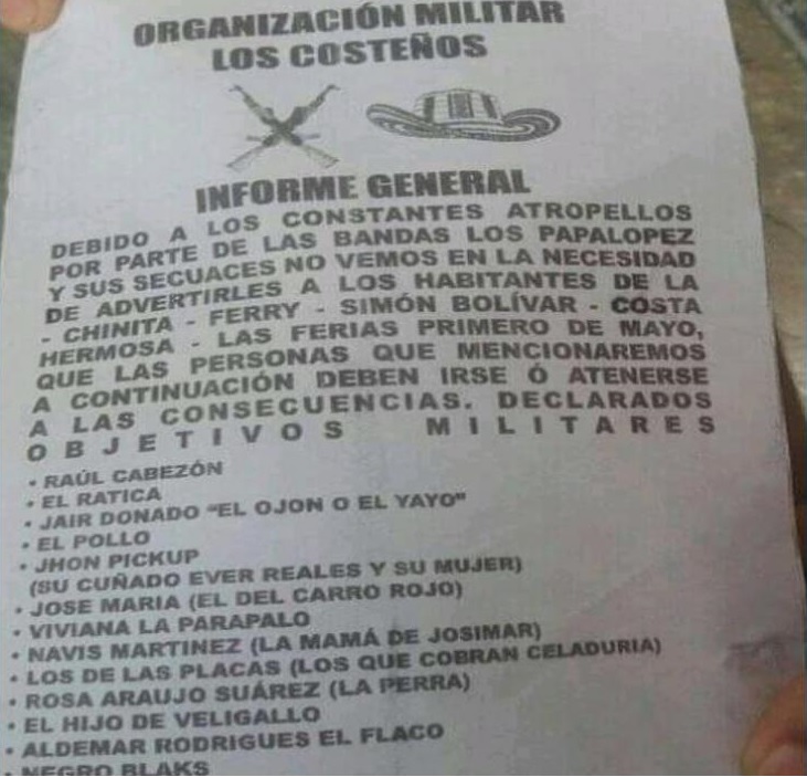 Panfleto que circuló en el suroriente de Barranquilla.CortesíaAdemás, destacaron que yaestán tras la búsqueda de las personas que quieren perturbar la tranquilidad de los ciudadanos.