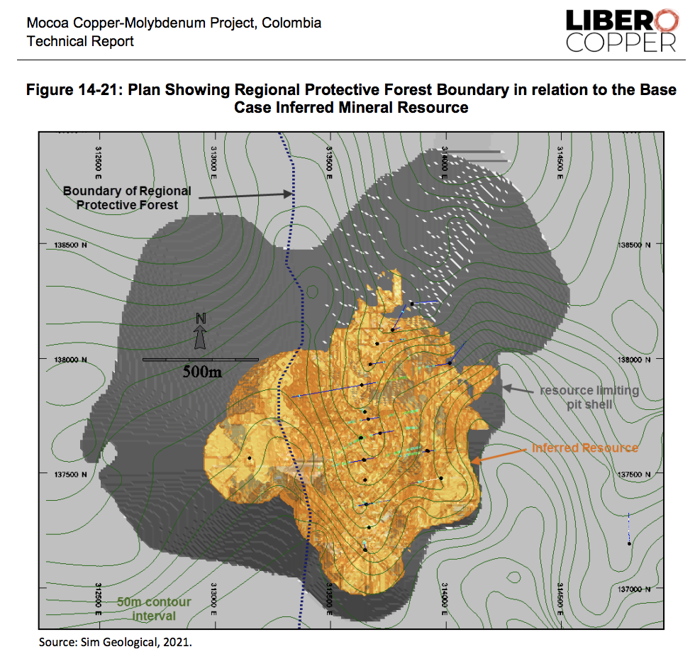 Diagrama del informe técnico de Libero que muestra la ubicación del yacimiento de cobre (en amarillo) y los linderos de la reserva forestal. El área a la izquierda de la línea punteada es toda reserva forestal protectora nacional, donde no se puede hacer minería pero la espera sustraer porque el 20% del yacimiento está allí.