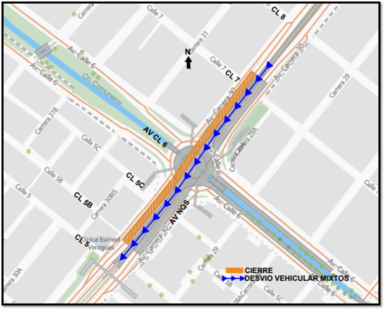Desvío para tráfico mixto por el cierre de carril en la NQS con sexta.