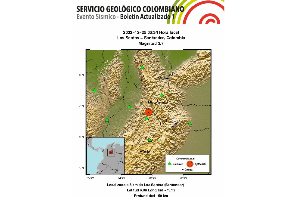 Reportan un sismo de magnitud 3.7 en Los Santos, Santander