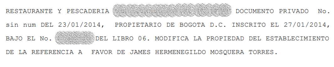 Copia del registro de un restaurante que fue propiedad de James Hermenegildo Mosquera en el centro de Bogotá.