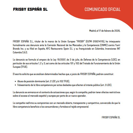 Comunicado publicado por Frisby España SL el martes 17 de febrero de 2026.