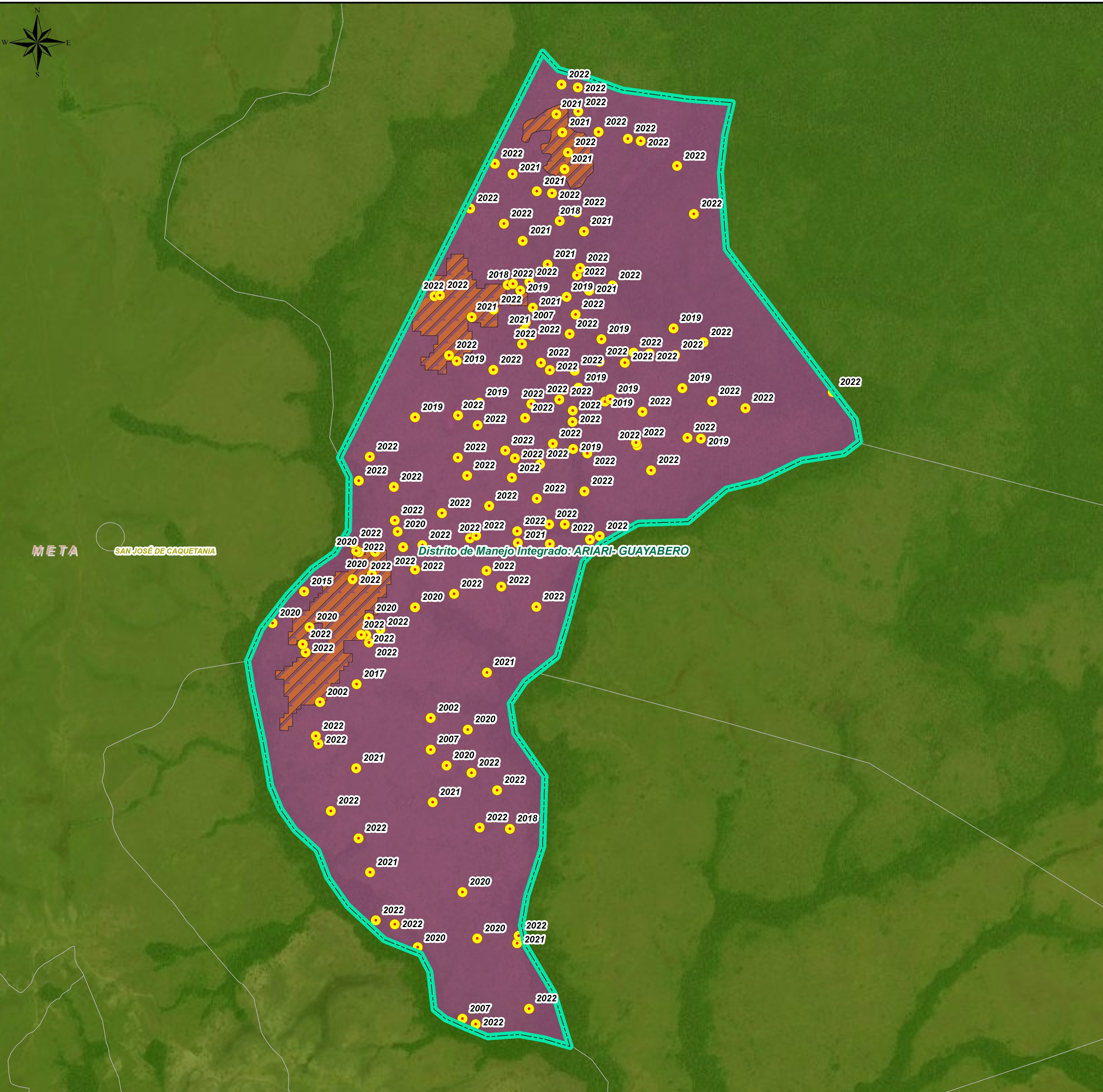 Predio Hato Piedad, en La Macarena. Los puntos amarillos son puntos de calor, las franjas rojas son cicatrices de quemas y en morado se visualiza el área deforestada.