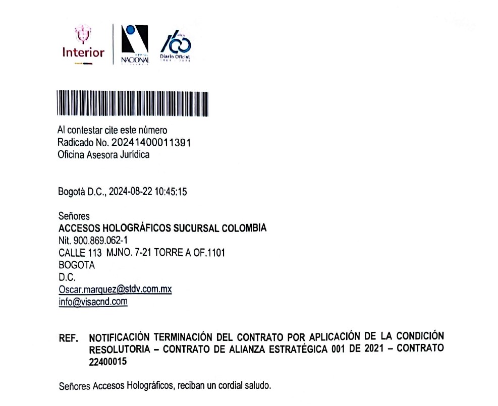 Notificación de la Imprenta sobre terminación del contrato con Accesos Holográficos.