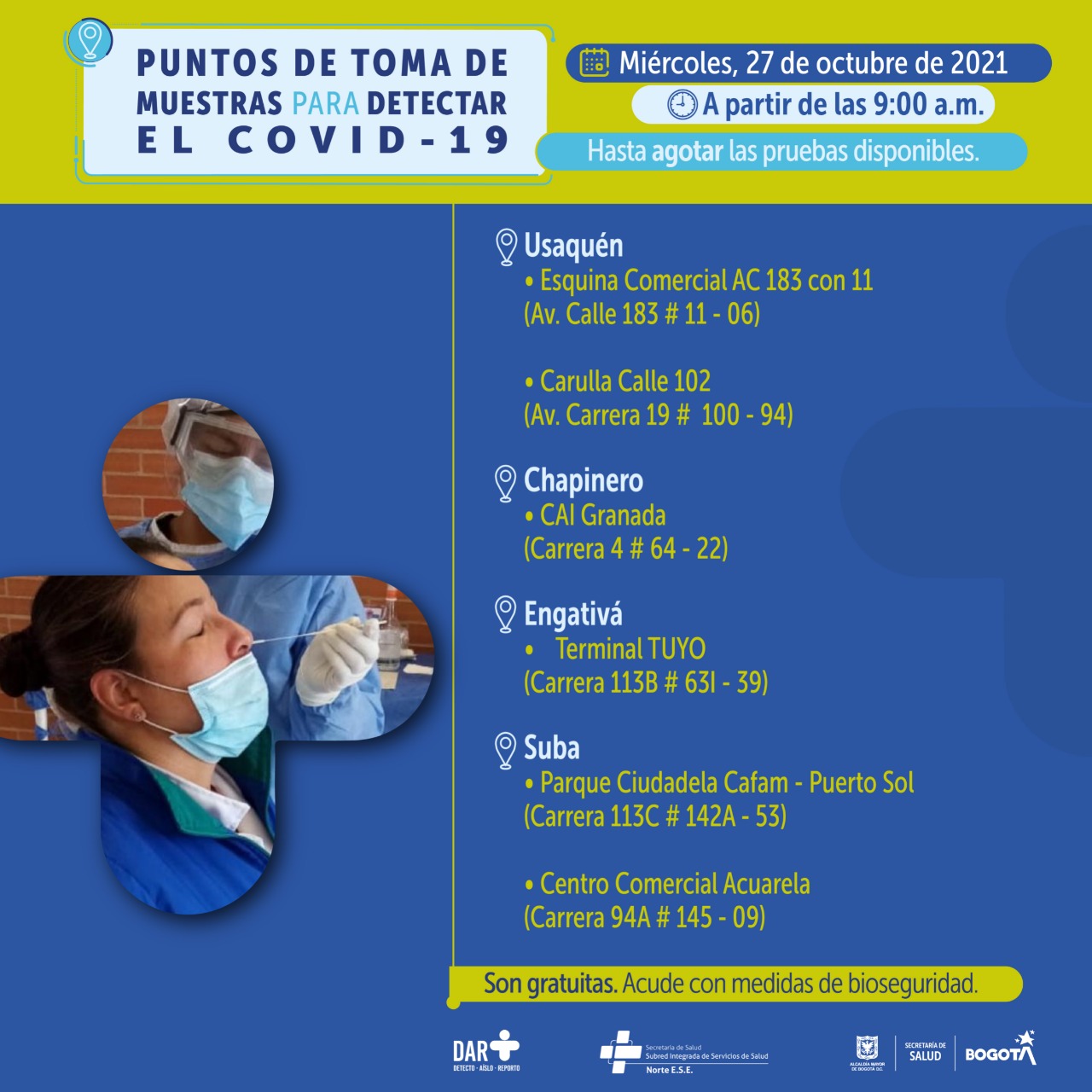 Estos son los puntos para toma de pruebas COVID-19 este miércoles en Bogotá.