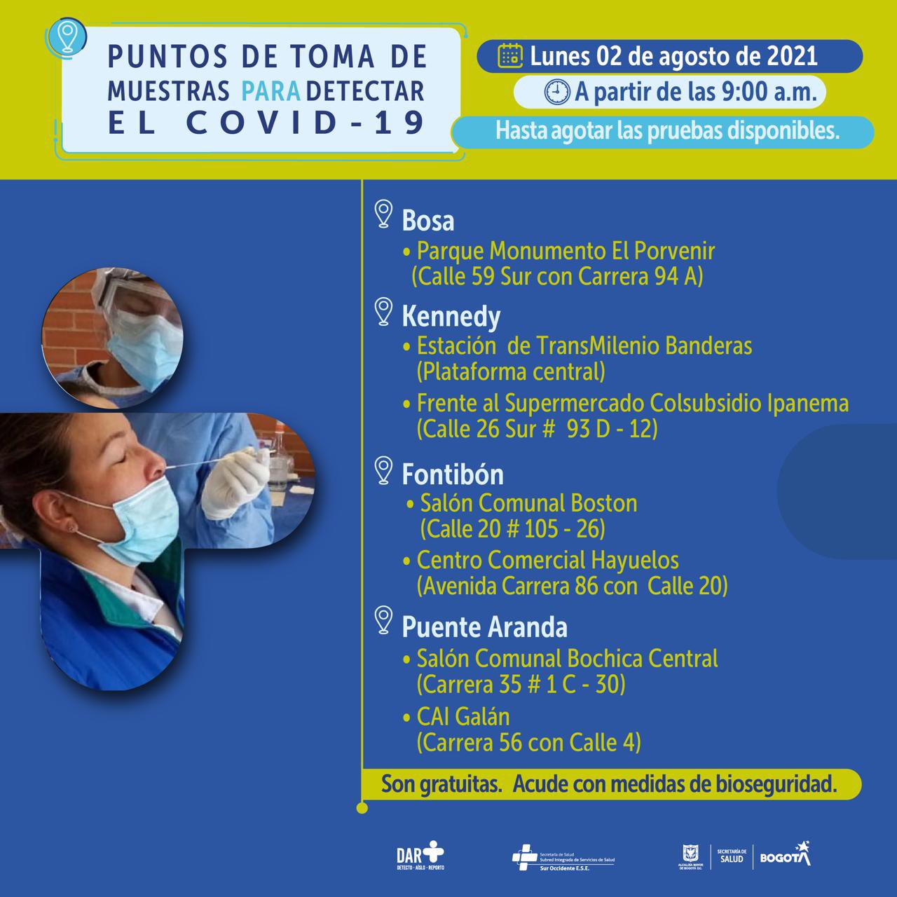 Estos son los puntos para pruebas gratuitas de COVID-19 este lunes en Bogotá