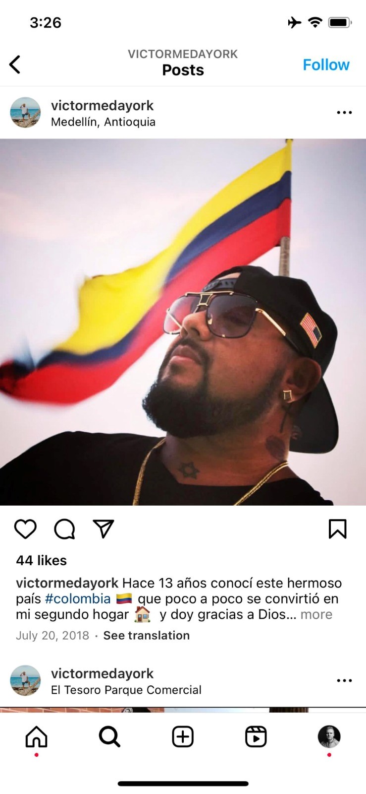 Captura de una publicación de Víctor Galarza en Instagram, en donde cuenta que empezó a viajar a Medellín en el año 2005. Galarza fue condenado por los delitos de explotación sexual y tráfico y posesión de pornografía infantil en junio de 2022.