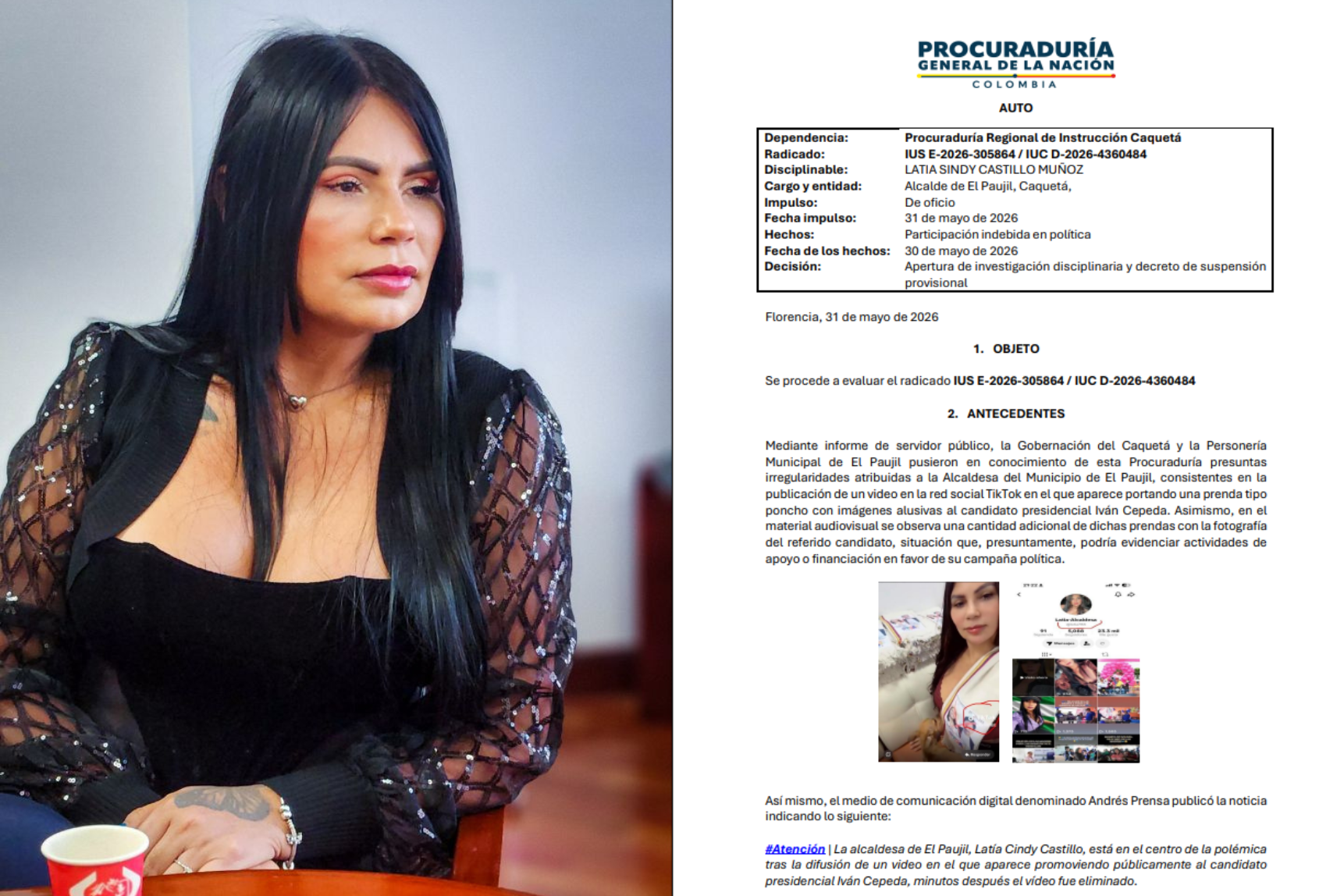 Procuraduría suspende a alcaldesa de El Paujil (Caquetá) por presunto apoyo a Iván Cepeda