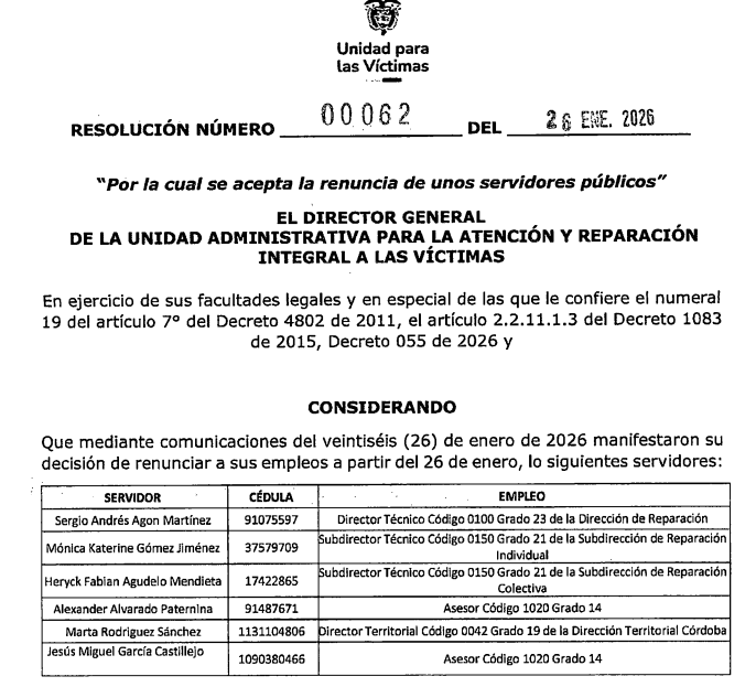 Decreto donde se aceptaba la renuncia de los funcionarios de la Unidad de Víctimas.