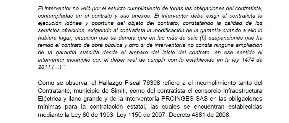 Documento de la Contraloría donde se aseguran las fallas que tuvo el interventor en este contrato.
