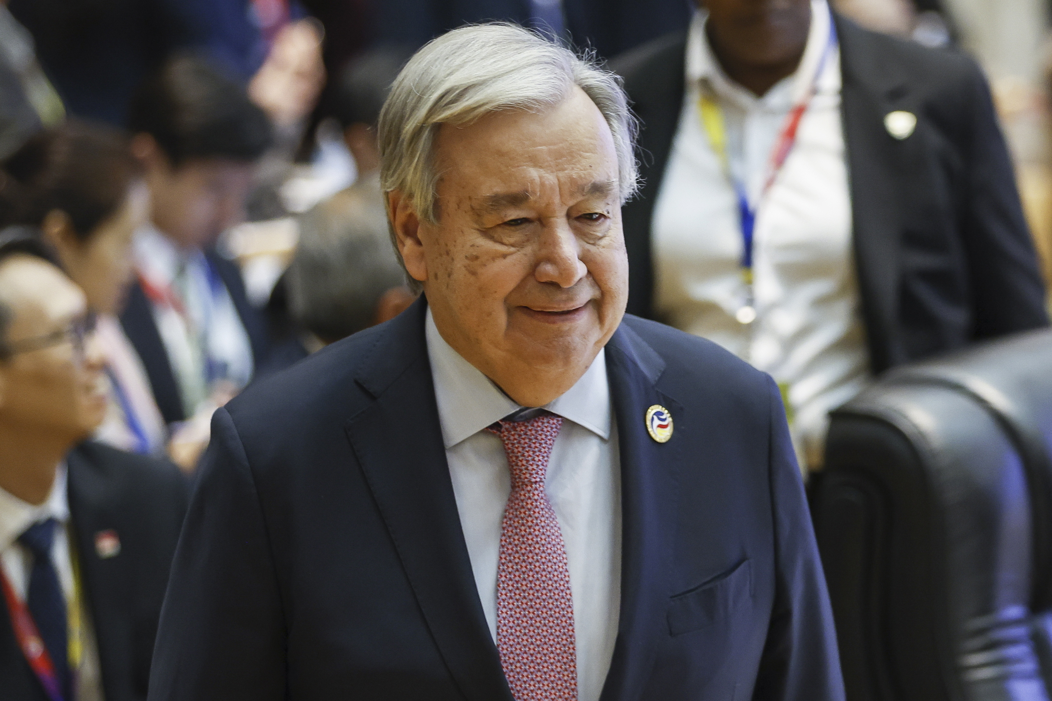 Vientiane (Laos), 11/10/2024.- UN Secretary-General Antonio Guterres attends the 14th ASEAN-United Nations (UN) Summit as part of the 44th and 45th ASEAN Summits and Related Summits at the National Convention Center in Vientiane, Laos, 11 October 2024. Leaders of the Association of Southeast Asian Nations (ASEAN) convene at a summit hosted by Laos in the capital of Vientiane to strengthen diplomatic ties and discuss the ongoing civil unrest in Myanmar and tension in the South China Sea. (Birmania) EFE/EPA/RUNGROJ YONGRIT