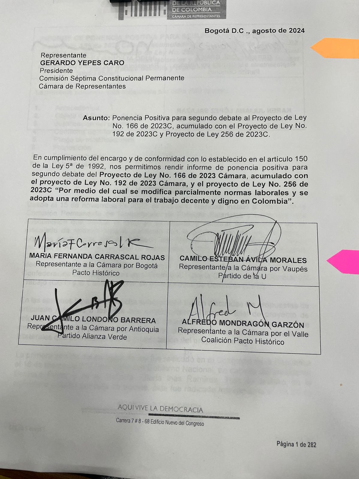 Ponencia positiva de la reforma laboral para segundo debate en la Cámara de Representantes.
