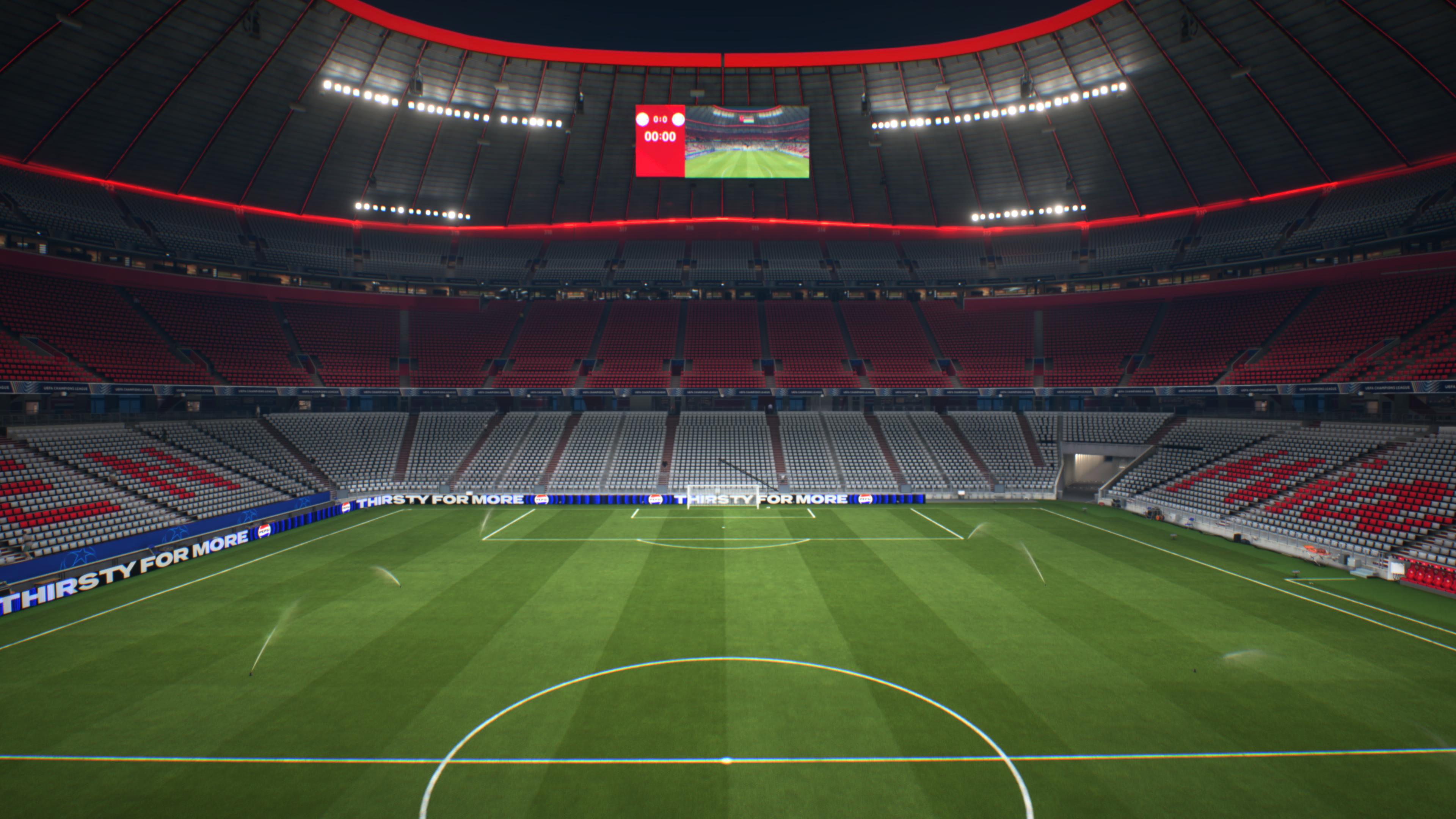 Allianz Arena en Múnich, Alemania, sede de la final de la UEFA Champions League 2025, en el nuevo EA Sports FC 26.