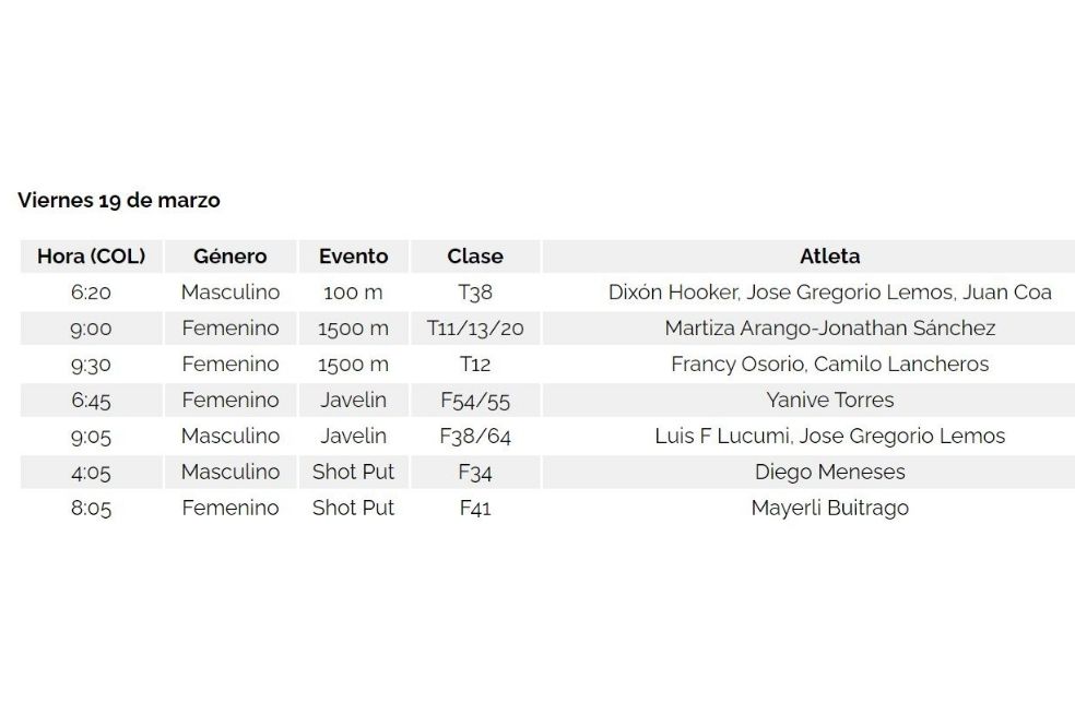 Calendario para el viernes 19 de marzo.