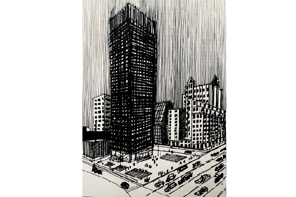 Edificio Seagram en Nueva York (1958)Dibujo de Marc JanéEn Nueva York, en la década de los años 50, el arquitecto Ludwig Mies van der Rohe proyectó el impecable y proporcionado prisma recto del edificio Seagram (1958) bajo las limitaciones de la zoning de 1916, renunciando a los retranqueos y en cambio dotando a la ciudad de una plaza libre en el frente del edificio.