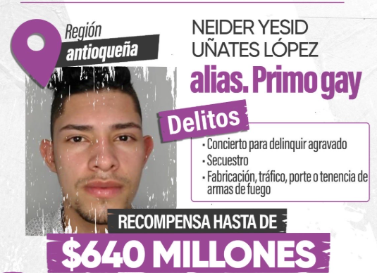 Ofrecen recompensa de más de COP 600 millones por “Primo Gay”, jefe de disidencias Farc