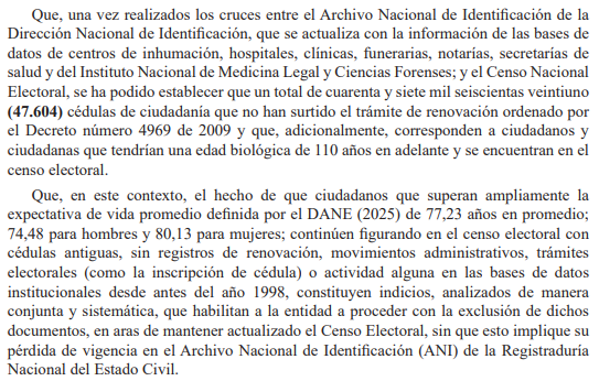 Facsímil de la Registraduría sobre depuración de cédulas.