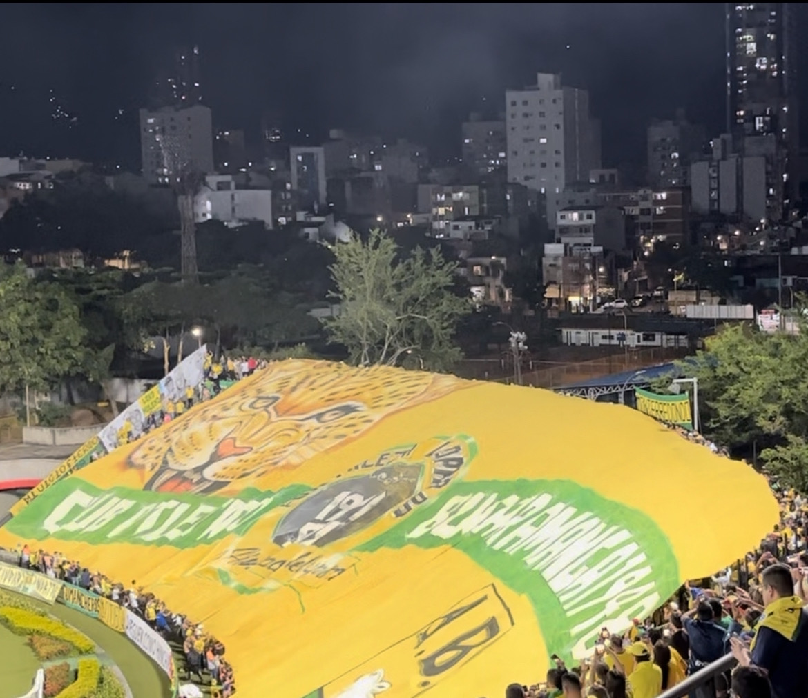 La Fortaleza Leoparda desplegando su enorme bandera en la tribuna sur del estadio Alfonzo López.