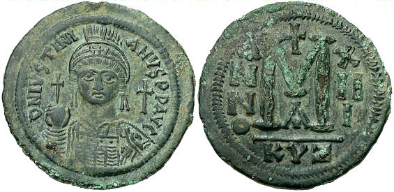 Follis (Bronce, 41.7 mm, 23.22 g) Imperio Bizantino, Justiniano I, 539 – 540 A.D.