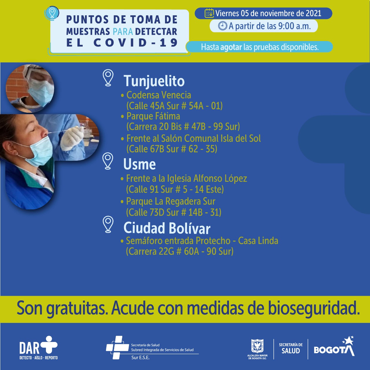 ¿Dónde hay pruebas gratuitas para Covid-19 este viernes en Bogotá?