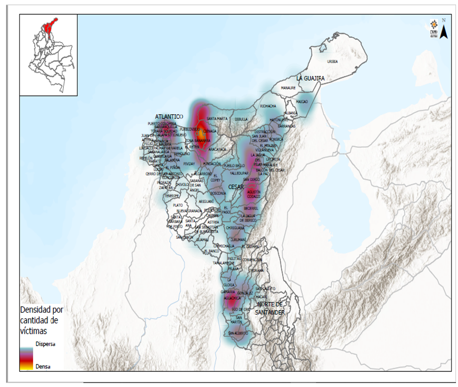 Mapa de la concentración de masacres perpetradas por el Bloque Norte en el Caribe colombiano