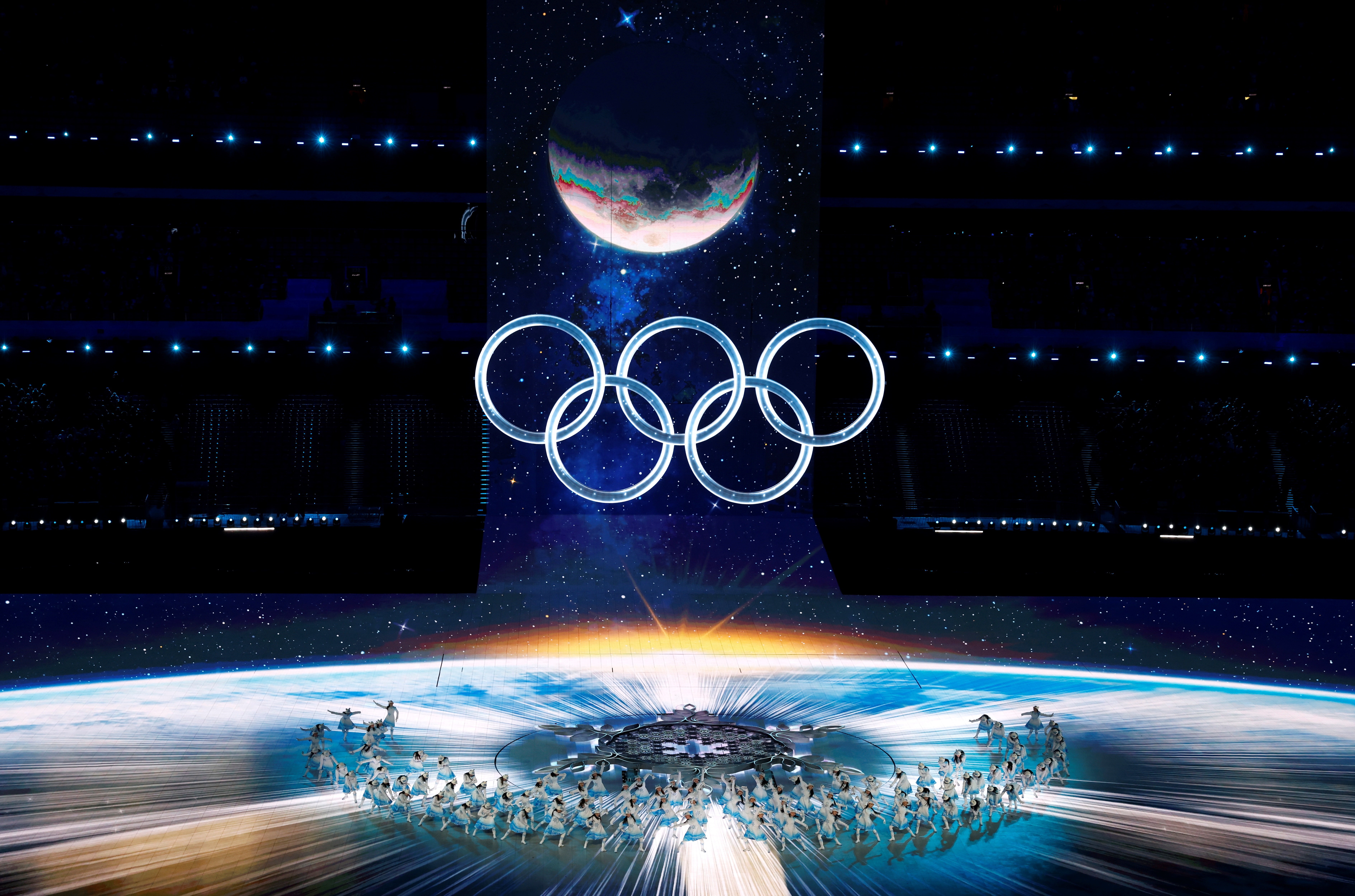 Beijing (China), 04/02/2022.- Actors perform during the Opening Ceremony for the Beijing 2022 Olympic Games at the National Stadium, also known as Bird's Nest, in Beijing China, 04 February 2022. EFE/EPA/ROMAN PILIPEY