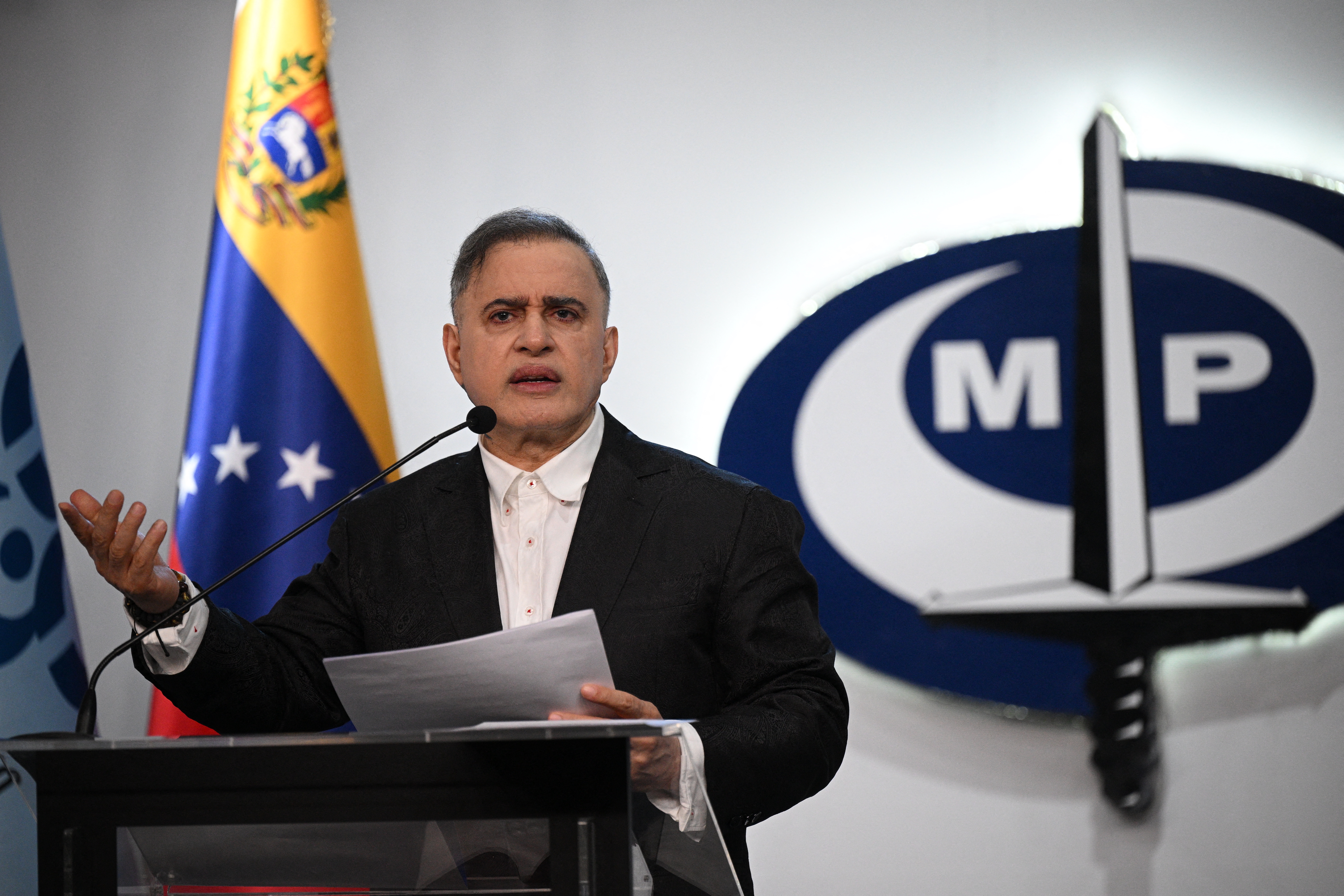 Venezuela's Attorney General Tarek William Saab speaks during a press conference following the Supreme Court's certificacion of President Nicolas Maduro's reelection at the Public Prosecutor's Office headquarters in Caracas on August 23, 2024.