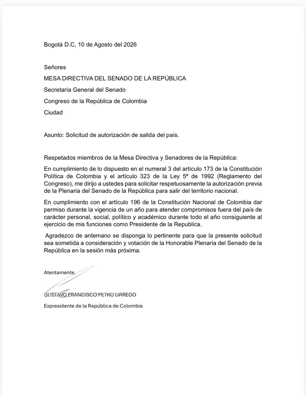 Esta es la carta que presentó el expresidente Gustavo Petro.
