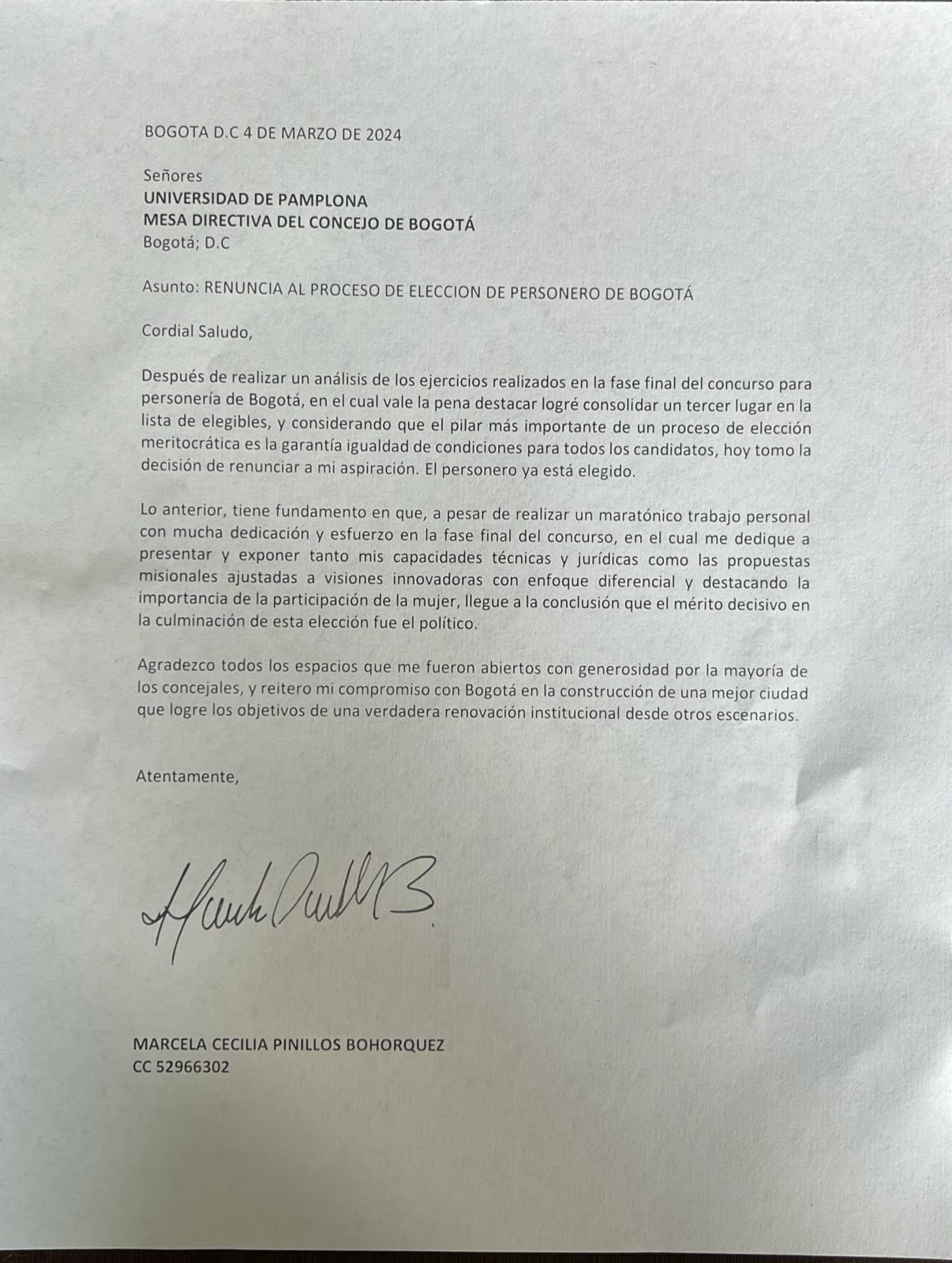 Carta de renuncia de Marcela Pinillos