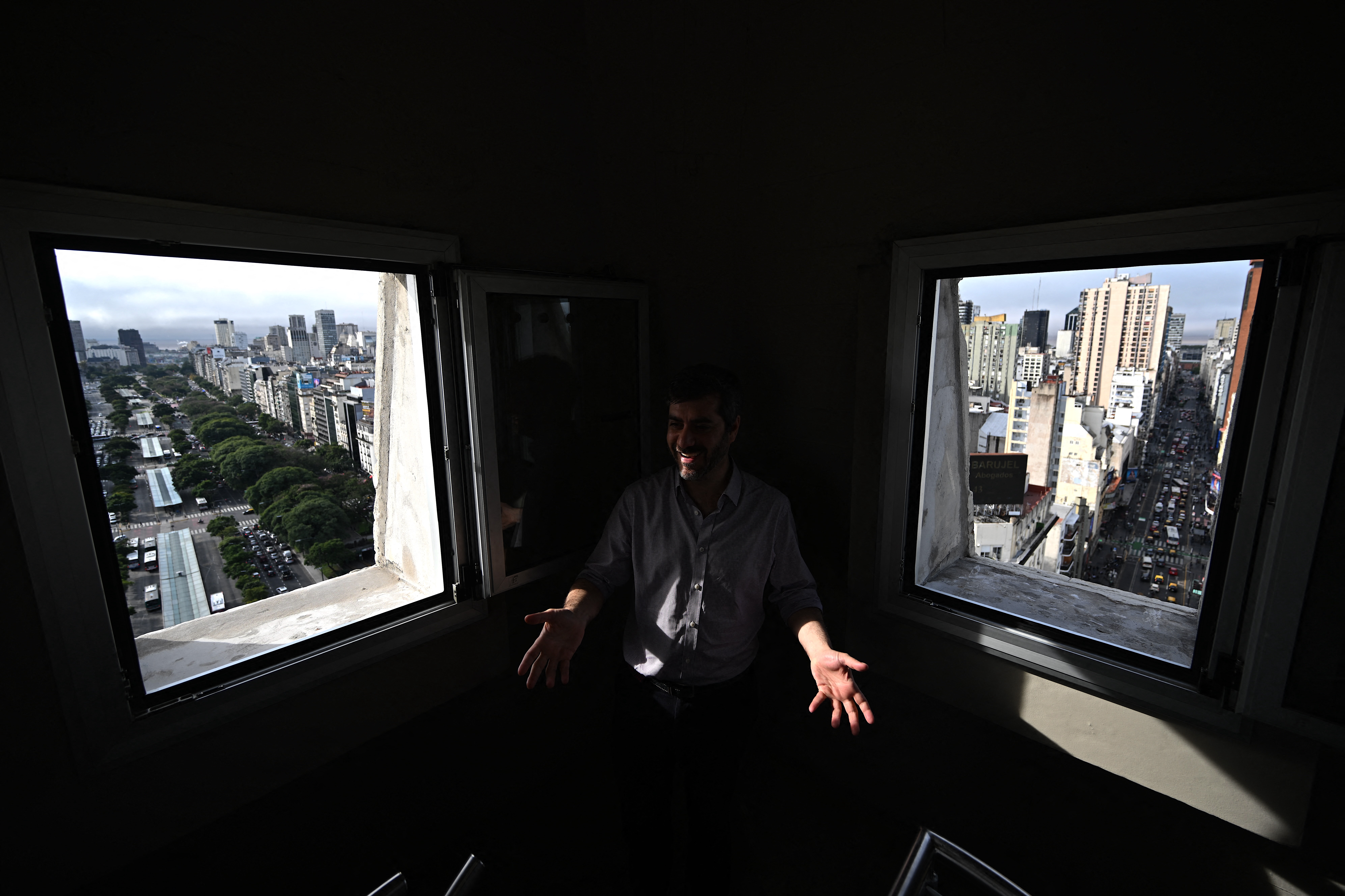 Juan Vacas, undersecretary of urban landscape for the city of Buenos Aires, speaks during an interview with AFP from the Obelisk observation deck in Buenos Aires on May 8, 2025.