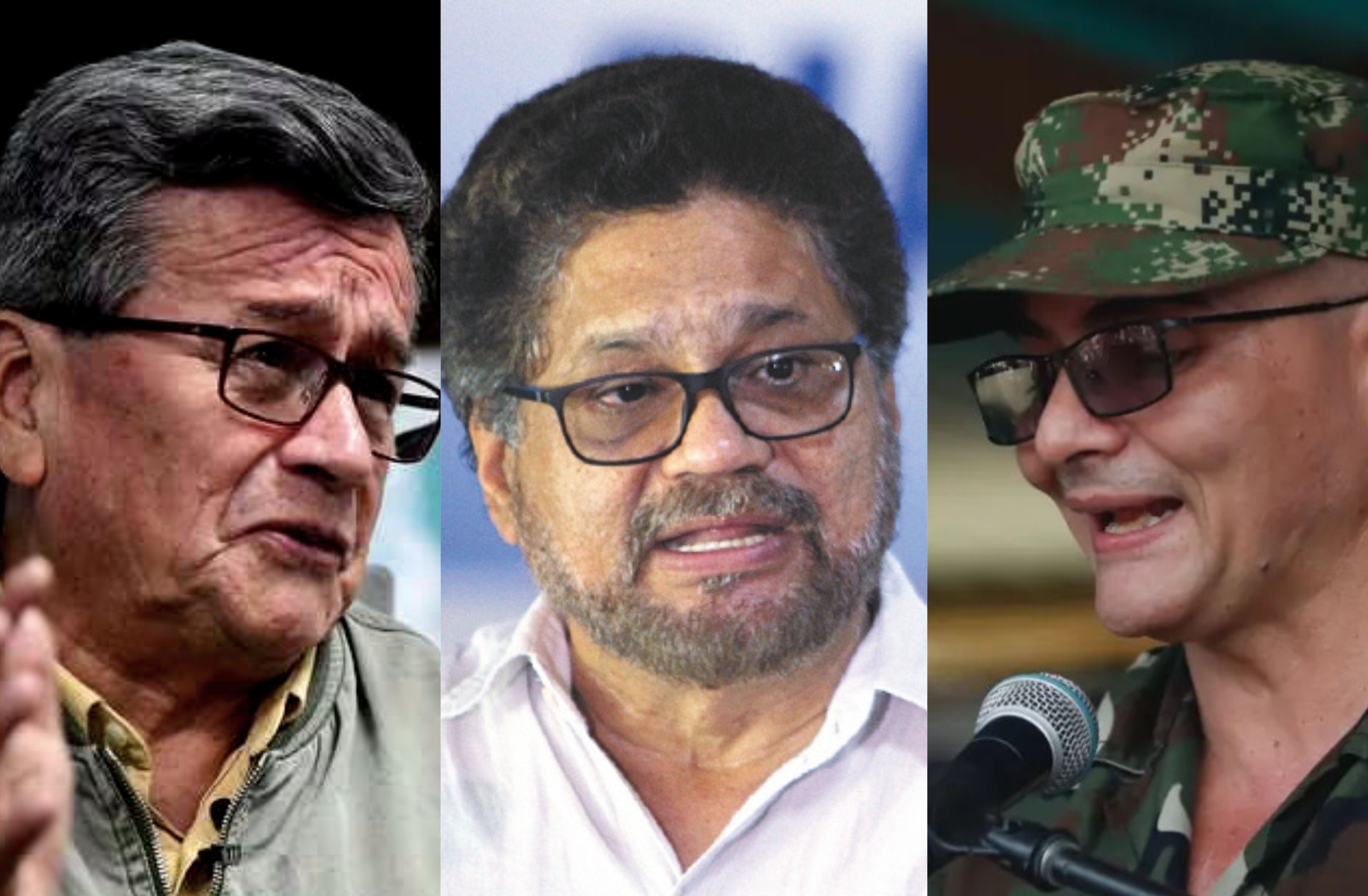 (I-D) Pablo Beltrán, jefe de la delegación del ELN en las negociaciones de paz con el Gobierno; Iván Márquez, comandante de la Segunda Marquetalia; e Iván Lozada, conocido como Iván Mordisco, jefe del Estado Mayor Central.