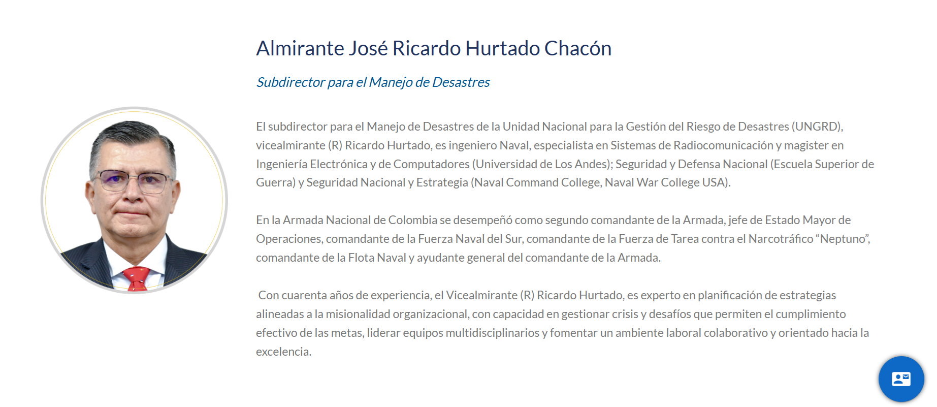 Este es el perfil de José Ricardo Hurtado Chacón en la página web de la Ungrd.